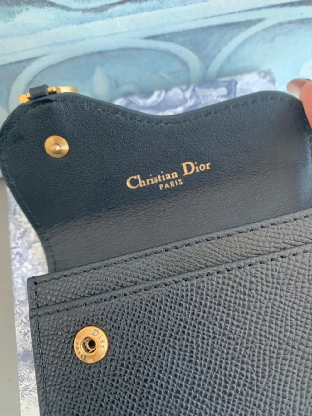 Dior Black Leather Compact Flap Wallet with Gold 'D' Charm